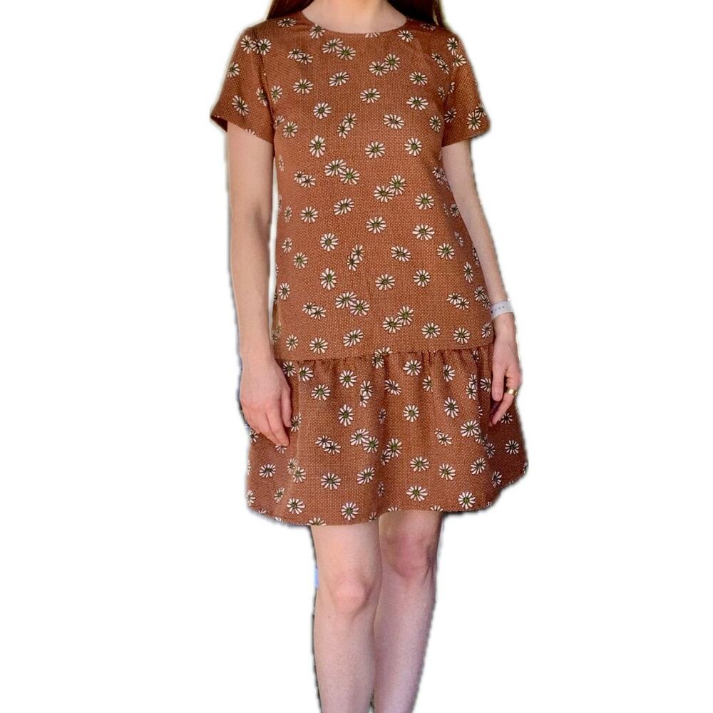 Real Clothes Orange Rust Drop-Waist Shift Dress Lined Pockets Ruffled Hem Large